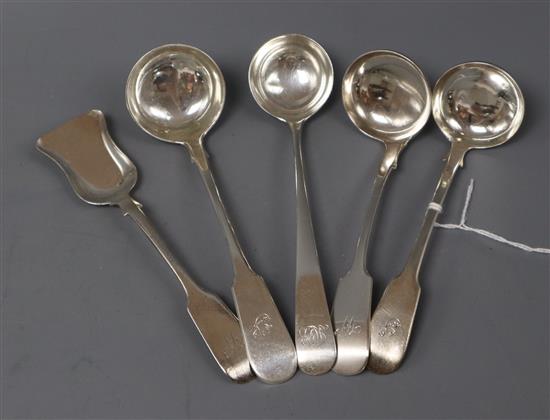 Four assorted Victorian Scottish silver toddy/cream ladles and a similar spoon with shovel shaped bowl.